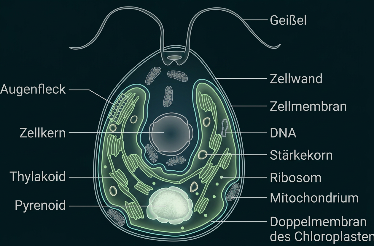 Beschriftete Darstellung einer Grünalge mit Zellorganellen, Augenfleck, Geißeln und Chloroplasten.